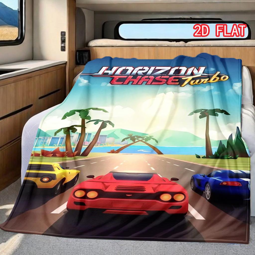 Horizon Chase Turbo Themed Flannel Blanket, 2D Flat Warm Throw, Retro Racing Game Sofa Blanket