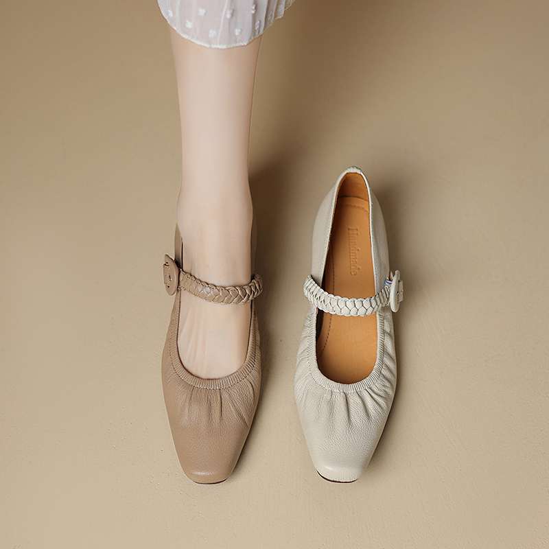 Krazing Pot Sheep Skin Summer Spring Autumn Med Heels Buckle Straps Women Square Toe Shallow Pumps