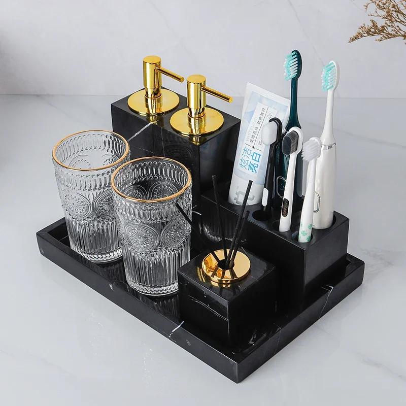 1pc Marble Toothbrush Holder Ornament Six Hole Toothbrush Holder Household Toothbrush Storage Rack Bathroom Accessories