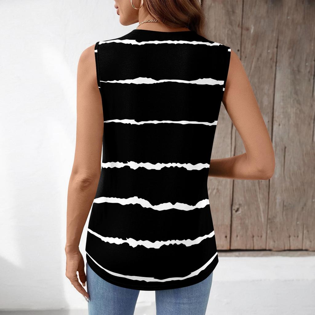 Women Loose Fit V Neck Pleated Striped Sleeveless Tank Top Casual Lightweight Pullover Blouse for Summer Daily Wear