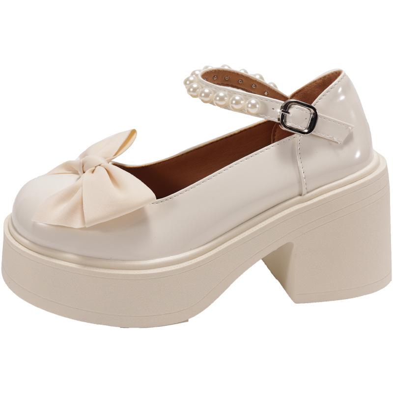 French Mary Jane small leather shoes women's 2025 spring new thick-soled heightening bow with skirt thick heel high heel single shoes