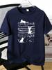 Unisexs Tee Cats And Musical Note Staff Pattern Print Cotton Short Sleeve Male Casual Streetwear Outdoor Daily Basic Fashion Top