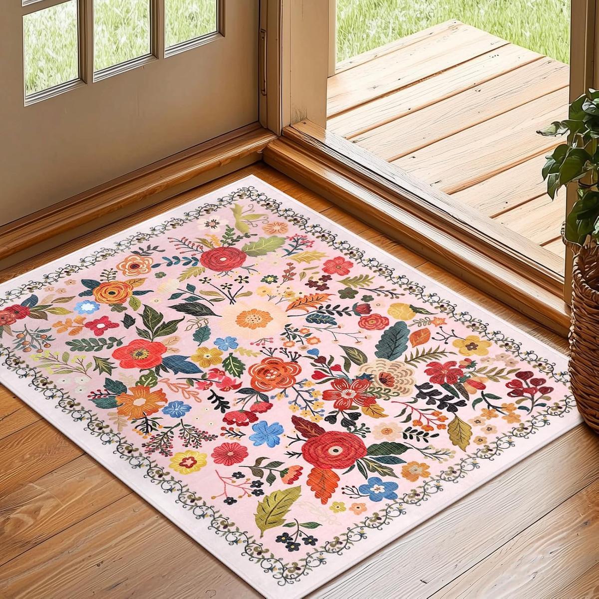 

Door Mat Black Background Vibrant Wildflower Pattern Non Slip Washable Rug for Entryway Bathroom Home Decoration 40cm x 60cm