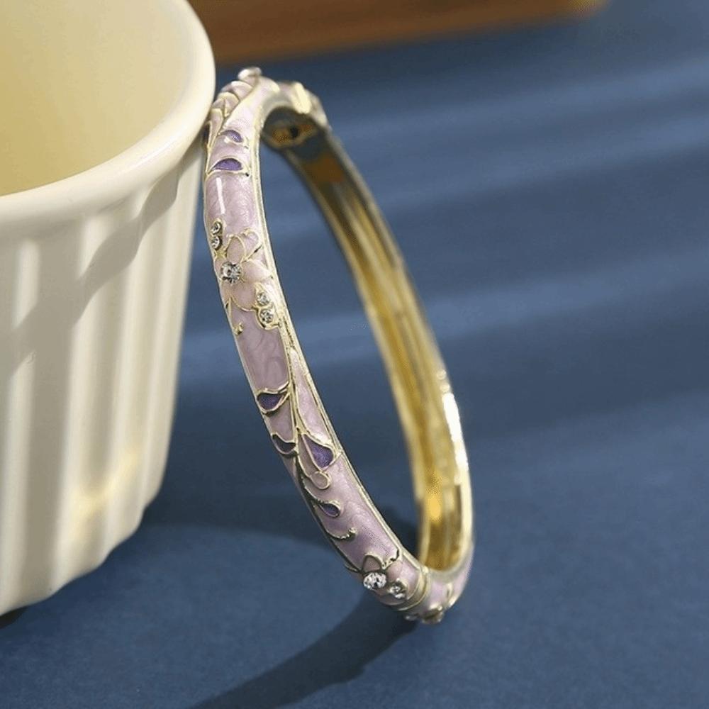 Gold Plated Enamel Bangle Bracelet Retro Light Luxury Flower Enamel Bangle Traditional Chinese