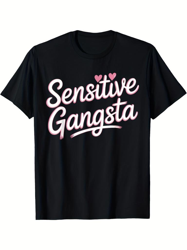 Plus Size, Sensitive Type, Gangster-themed Empathy T-shirt Black and Pink Letter Print- Soft Everyday Casual T-shirt, Su