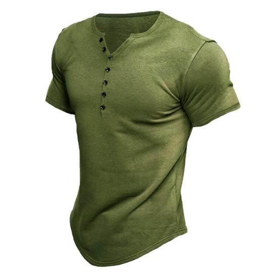 V-Neck Buttons Half Placket Short Sleeve Men T-shirt Summer Solid Color Simple Tee Shirt Streetwear