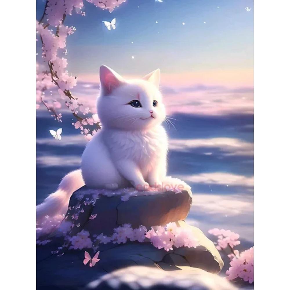Pictura cu diamant Drill complet drăguț pisică albă pătrat rotund pictură cu diamant peisaj cu flori realizate manual Diy pictură cu mozaic cu diamante decorarea casei