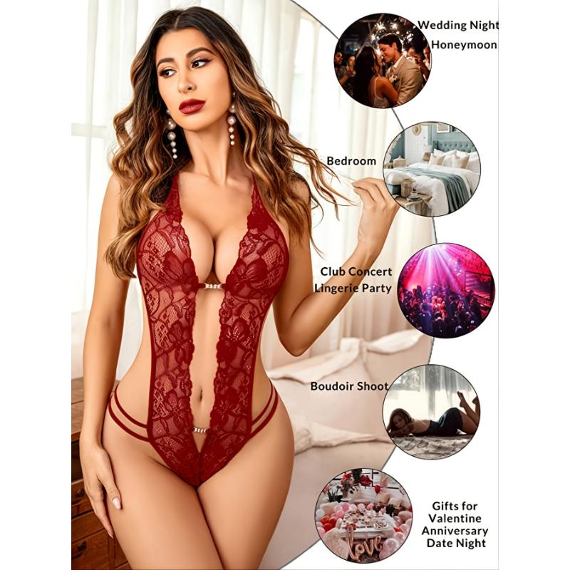 Women's Valentines Gifts One Piece Lingerie Sexy Lace Bodysuit Deep V Teddy Sex Babydoll S-XXL