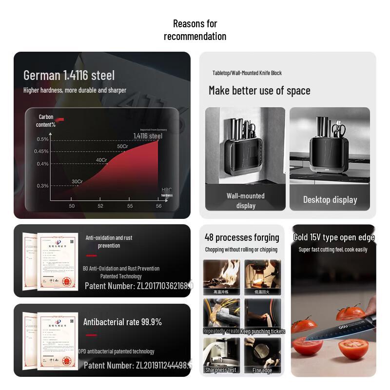 OOU Master Series Schwarzes Messer 7-teiliges antibakterielles Camping-Set