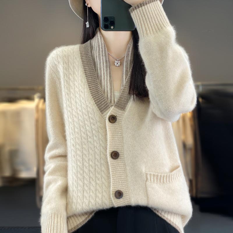 Thickened V-neck Wool Cardigan for Women In Autumn and Winter New Loose and Versatile Color-blocking Cashmere Jacket Lazy Knitted Top