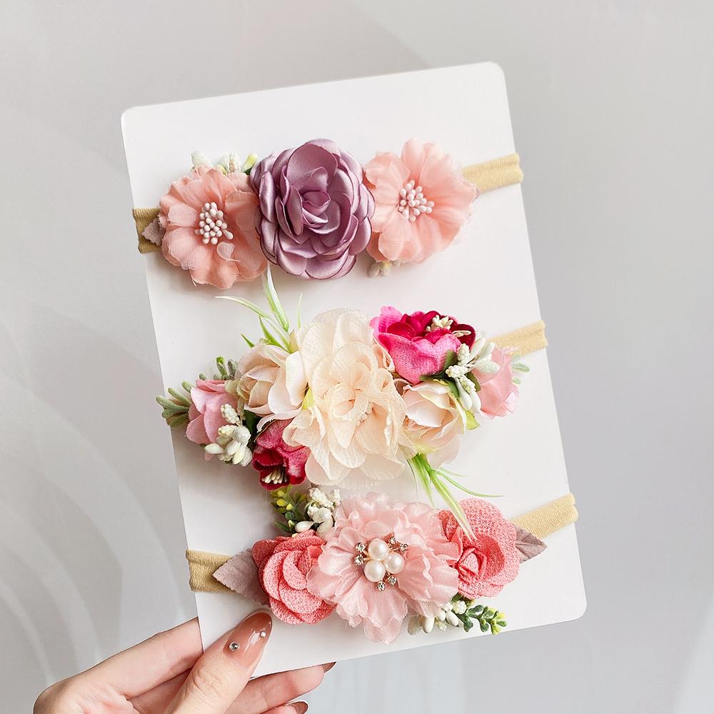 3/4Pcs/set Cute Artificial Flower Baby Headband Newborn Elastic Nylon Hair Bands Toddler Hairbands Headwear Kid Accessories Gift