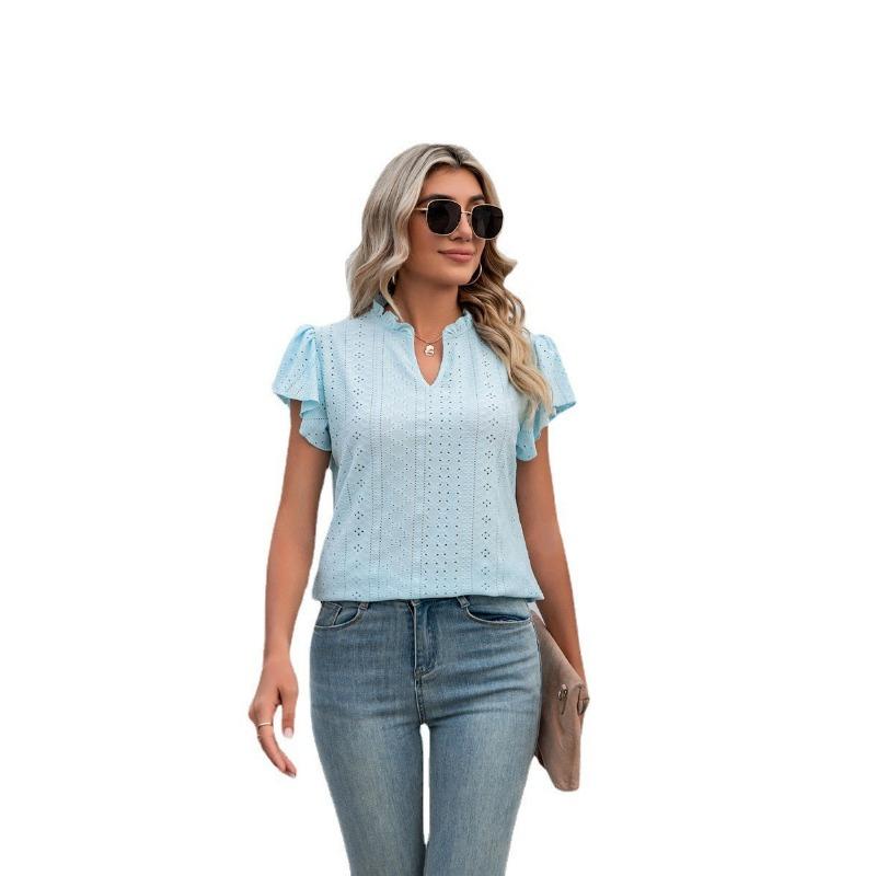

Летняя женская футболка с v-образным вырезом и рюшами, свободный топ с короткими рукавами L небесно-голубой