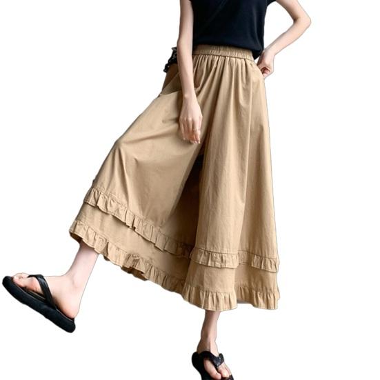 

Women Skirt Pants Oversized Wide Leg Casual Trousers Pure Color Ruffled Hem Loose Fit Skirt Pants School Daily Wear M хаки