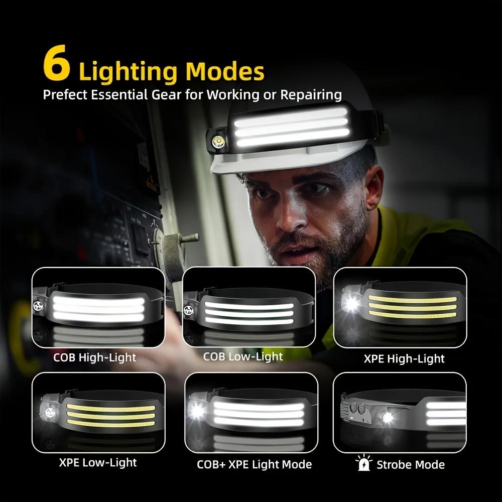 COB LED Headlamp Induction Head Lamp with Built-in Battery USB Rechargeable Head Flashlight Outdoor Camping Fishing Headlight