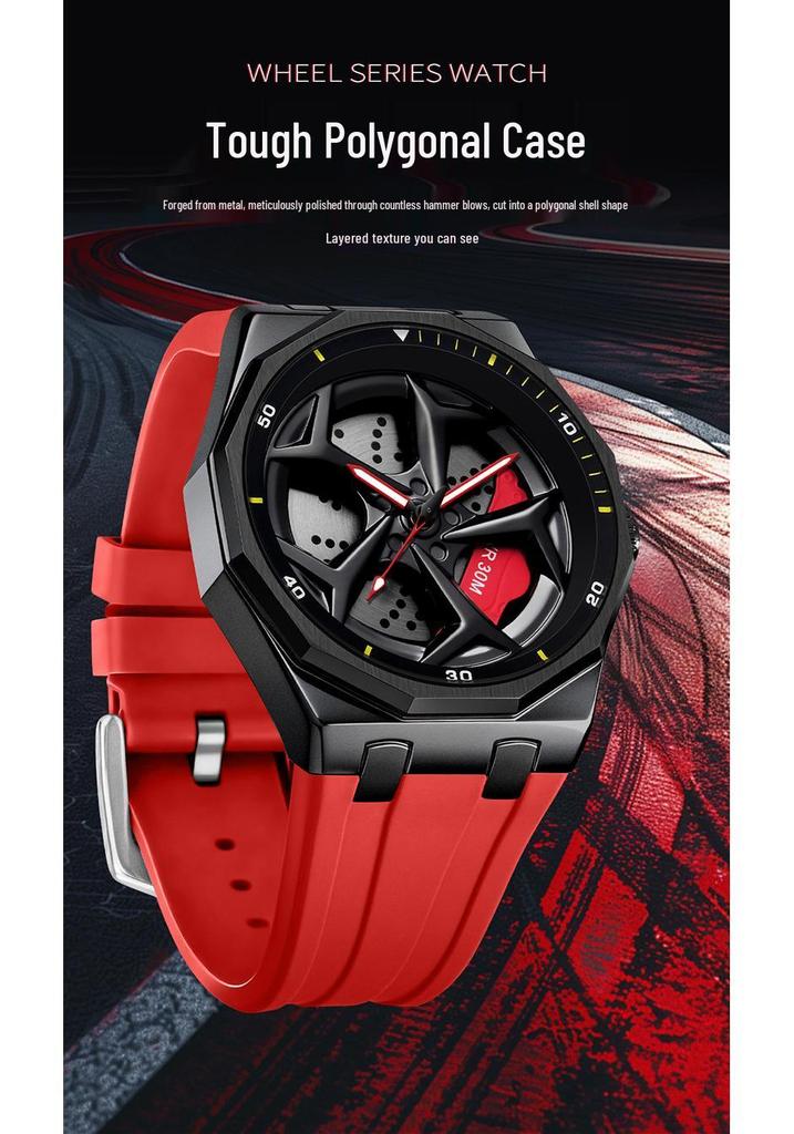 SANDA Men's Waterproof Luminous Polygonal Quartz Watch with 3D Rotating Dial and Silicone Band