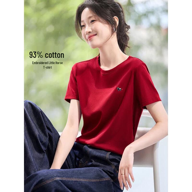 Mohan Yimei 2026 Summer Embroidered Little Horse Casual Women s T-shirt M красный