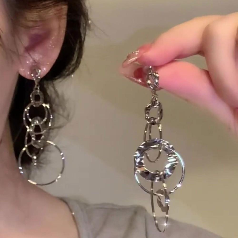 Long Chain Round Hollow Earrings Multi-layers Dangle Earrings Creative Pendant Earrings  Gift