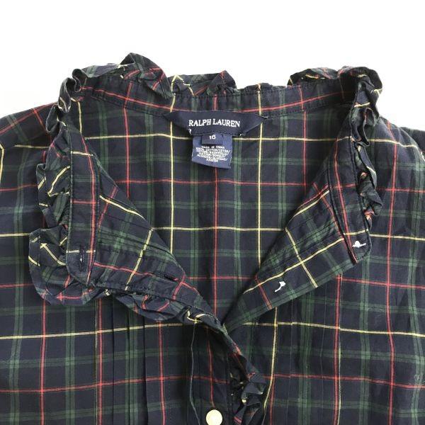 RALPH LAUREN Short Sleeve Frill Shirt Dress Teen 16 Adult XS-S Navy Check Mini Length Spring Summer(USED)