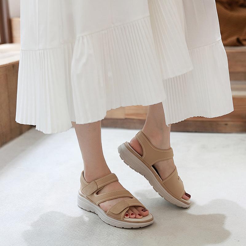 Summer 2025 New Leather Sandals For Women In Women's Sports Style Wedge Lightweight Velcro Large-Size Slippers For Women Casual
