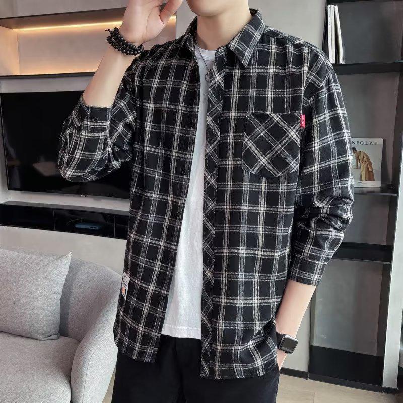 Herrskjorta i Hong Kong-stil med lång ärm och rutigt mönster - Casual vår/höst trendig lös passform jacka