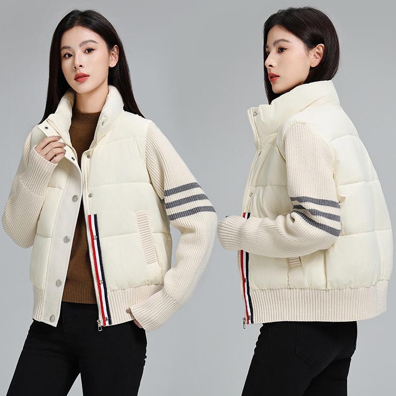 Cotton clothes women's short autumn and winter new stand-up collar loose splicing knitted loose casual jacket jacket cotton-padded clothes