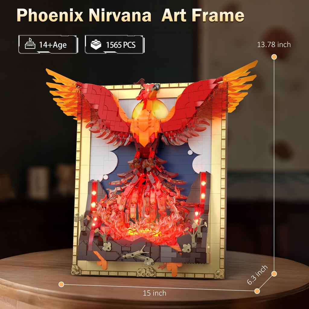 JMBricklayer Phoenix Nirvana Baustein-Set mit Lichtern 70017, 3D Tier Wandkunst und Handwerk, Erwachsenen Kunst Malrahmen für Zuhause Wand & Schreibtisch