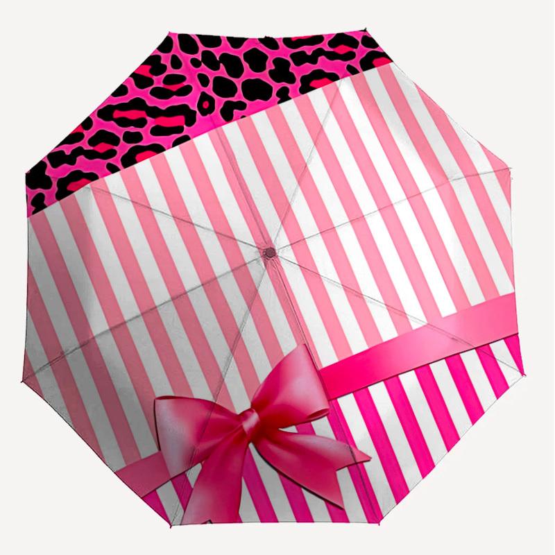 1PC Leopard Print, Pink Stripes Umbrella-8-Rib Reinforced, Automatic Open, Lightweight & Durable, Cute Fashion Accessory for Outdoor-T199