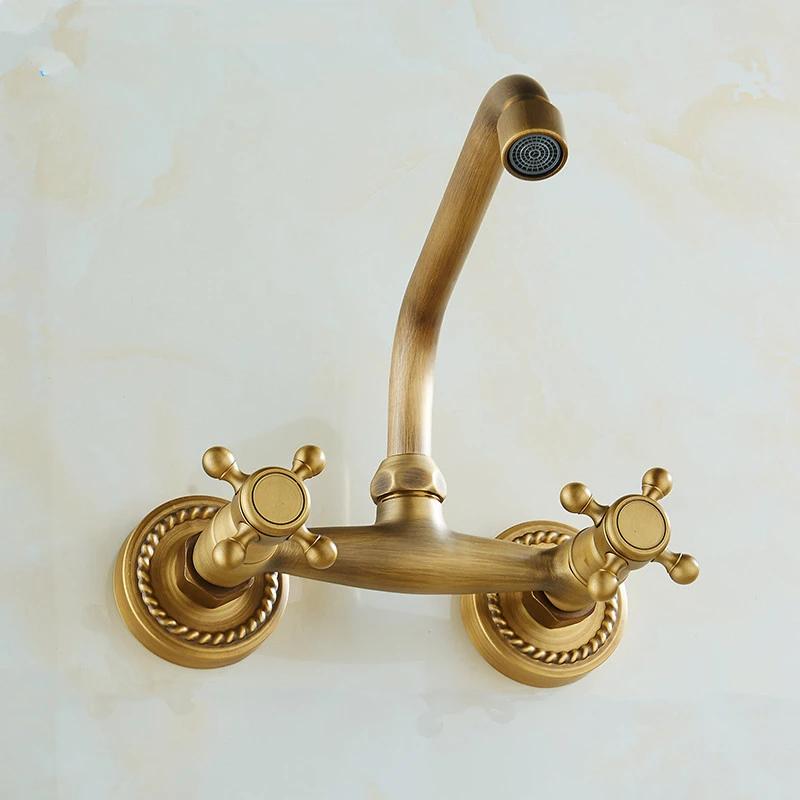 Wall Mounted Bathroom Kitchen Faucet Dual Handle Brass Antique Hot and Cold Water Tap 360 Swivel Long Spout Mixer Tap
