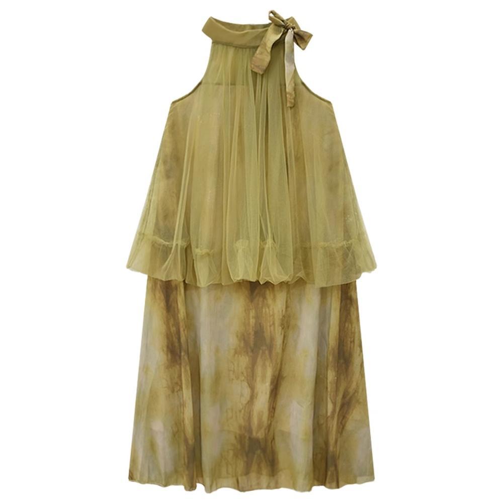 New Chinese-style Neck Mesh Tie-dye Dress for Women's Summer New Elegant Women's Design Sense Niche Fake Two-piece Long Dress