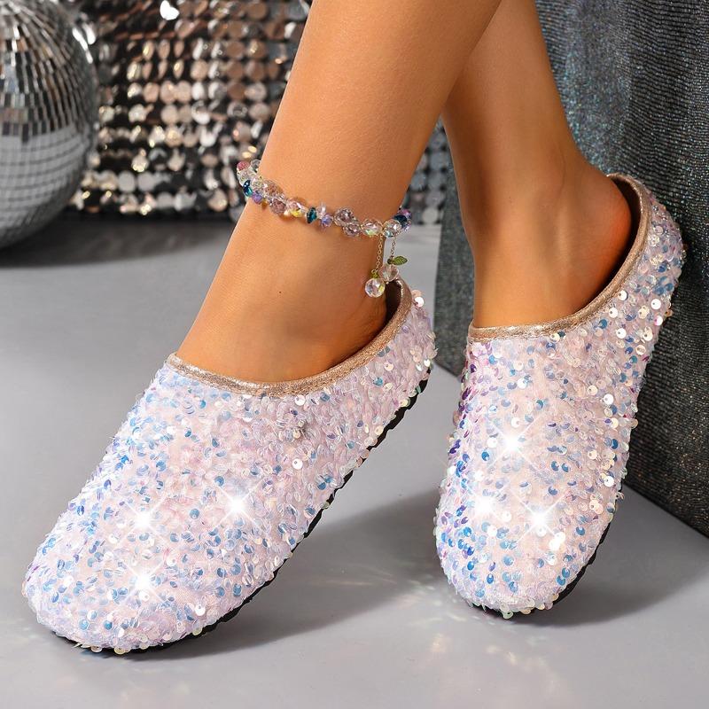 Fashion Women's Sequined Baotou Semi-slippers Wear New Autumn Temperament with Skirt Non-slip Flat Lazy Sandals and Slippers