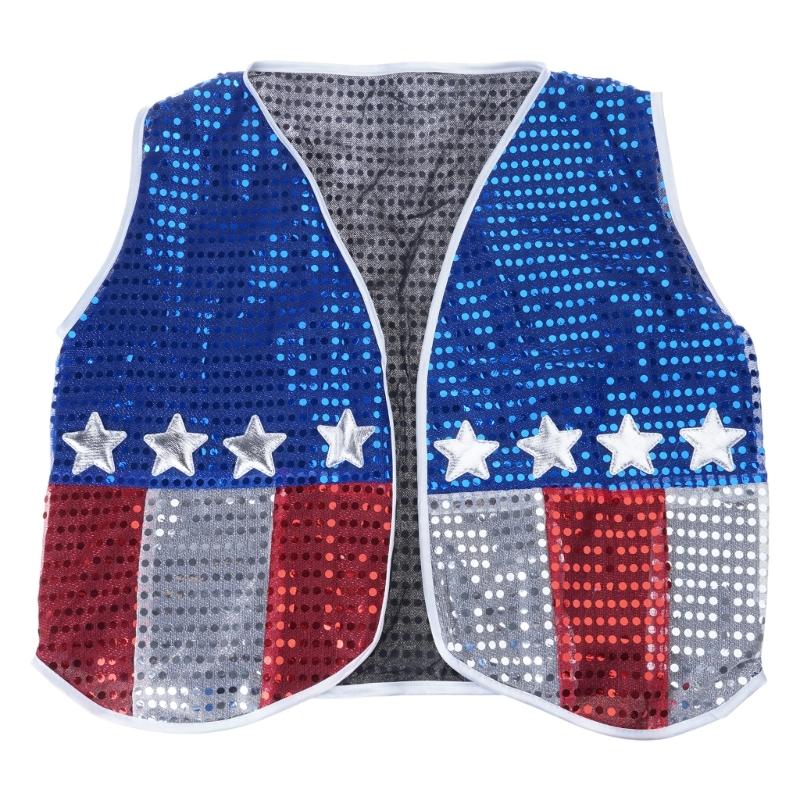6Pieces 4th of July Patriotic Costume Set with Vest Hat Beard Sunglasses and Necklace for Holiday Celebration Gathering