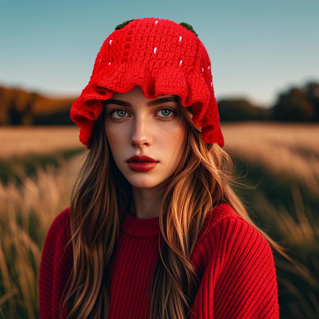 Strawberry Ruffle Crochet Woolen Hat - Women's Cute Autumn/Winter Fisherman Style