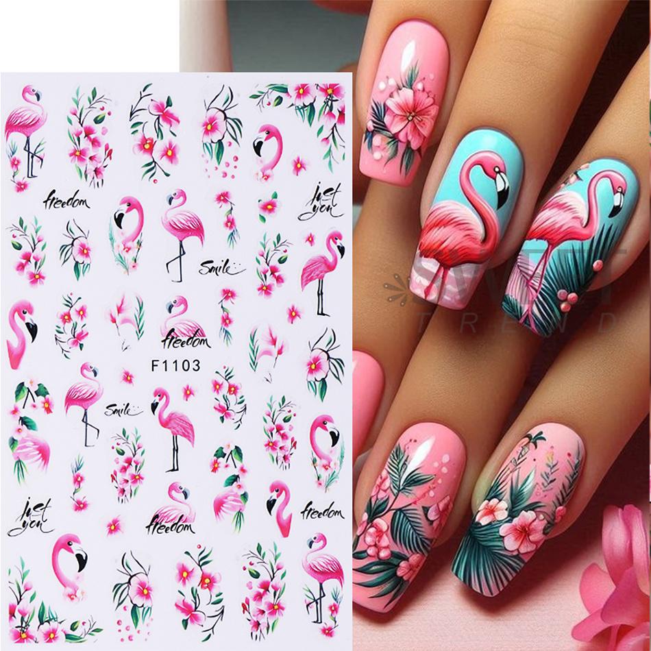 3pcs Pink Flamingo Nail Stickers Flamingo Flowers Leaves Self-Adhesive Nail Decals Slider DIY Manicure Decor Accessories
