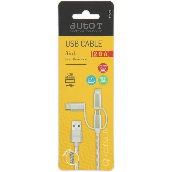 Câble 3 en 1 - AUTO T - 540206 - Micro-USB - Apple - USB-C