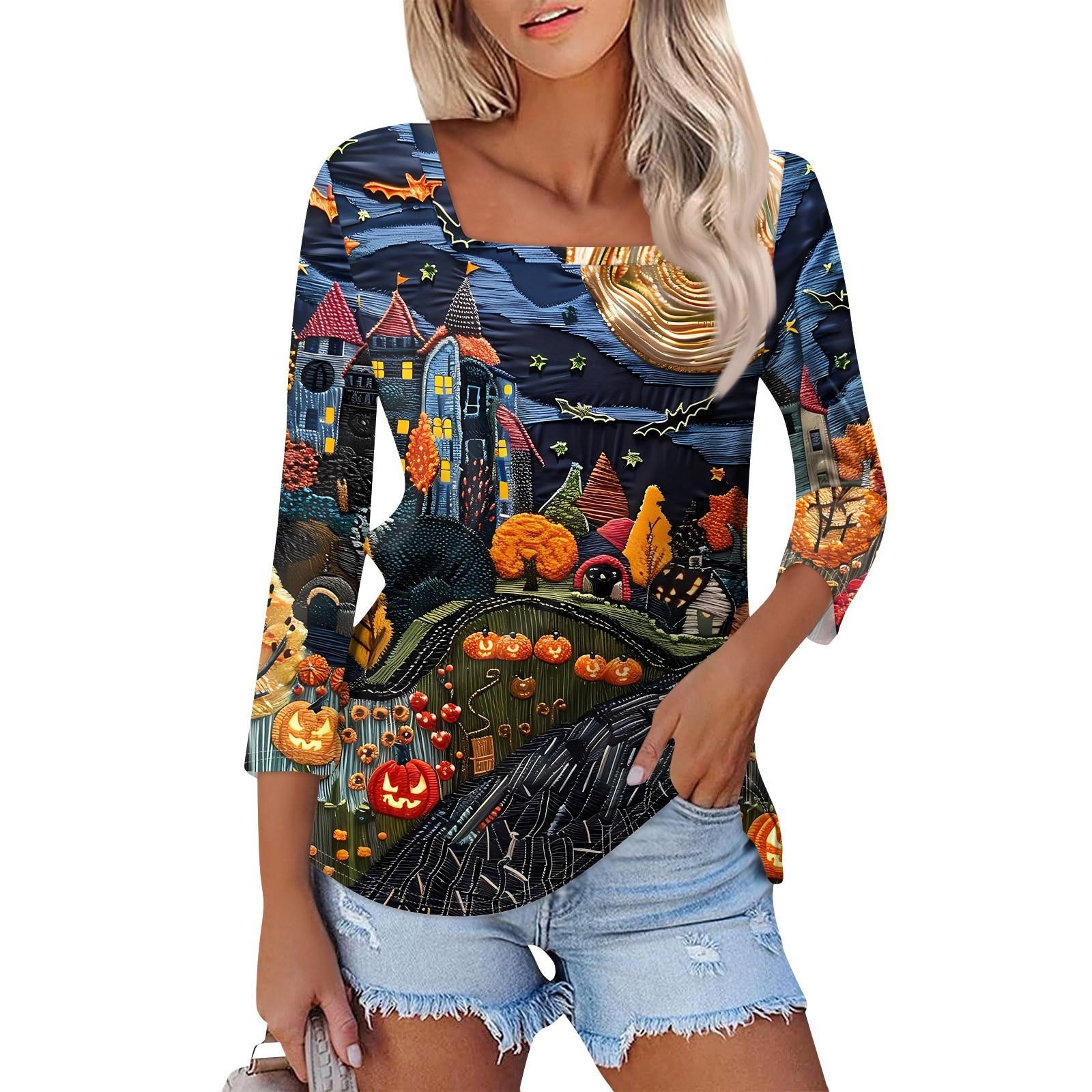 

Рубашка для женщин, модная, повседневная, с квадратным вырезом, рукавом 3/4, свободная, с принтом на Хэллоуин, женская футболка, топ XL