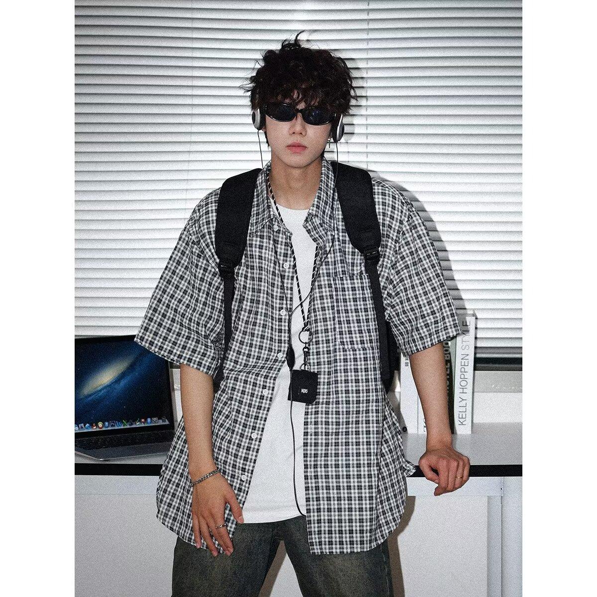 

Летняя новая клетчатая рубашка мужская рубашка в стиле ретро с коротким рукавом в американском стиле японская рубашка куртка 2XL чёрный