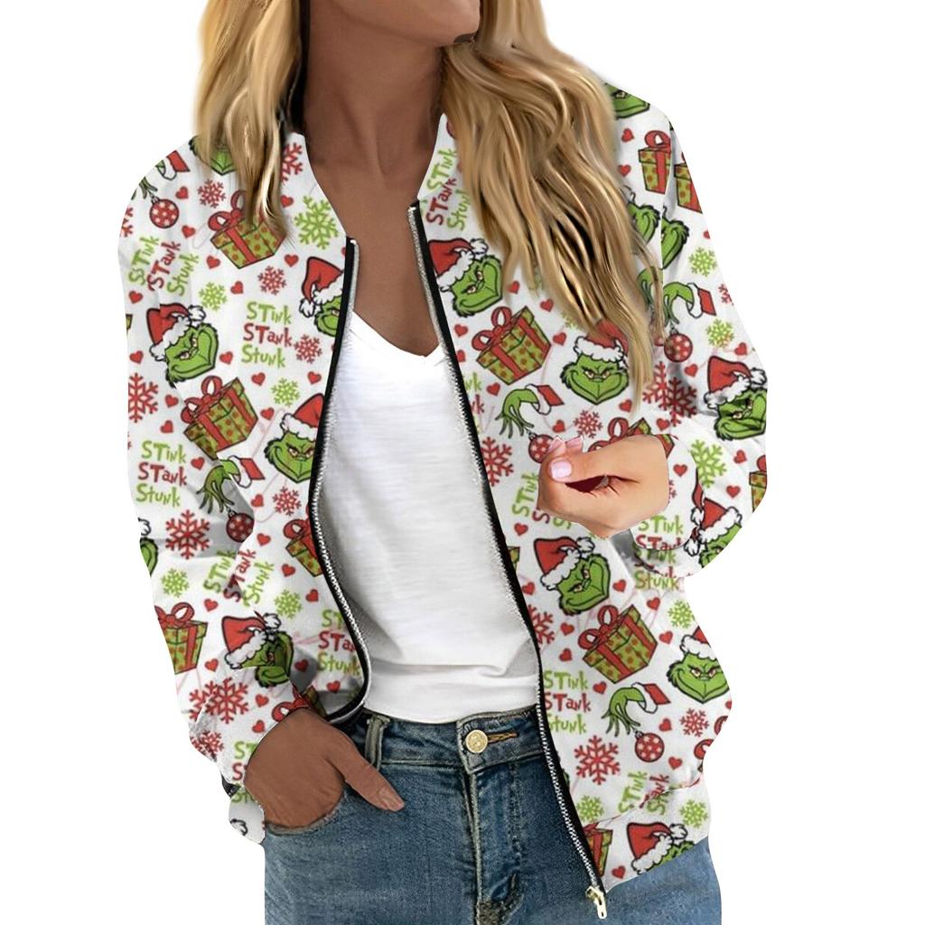 Women's Long Sleeve Zipper Christmas Print Jacket Casual Quilted With Pockets Jacket