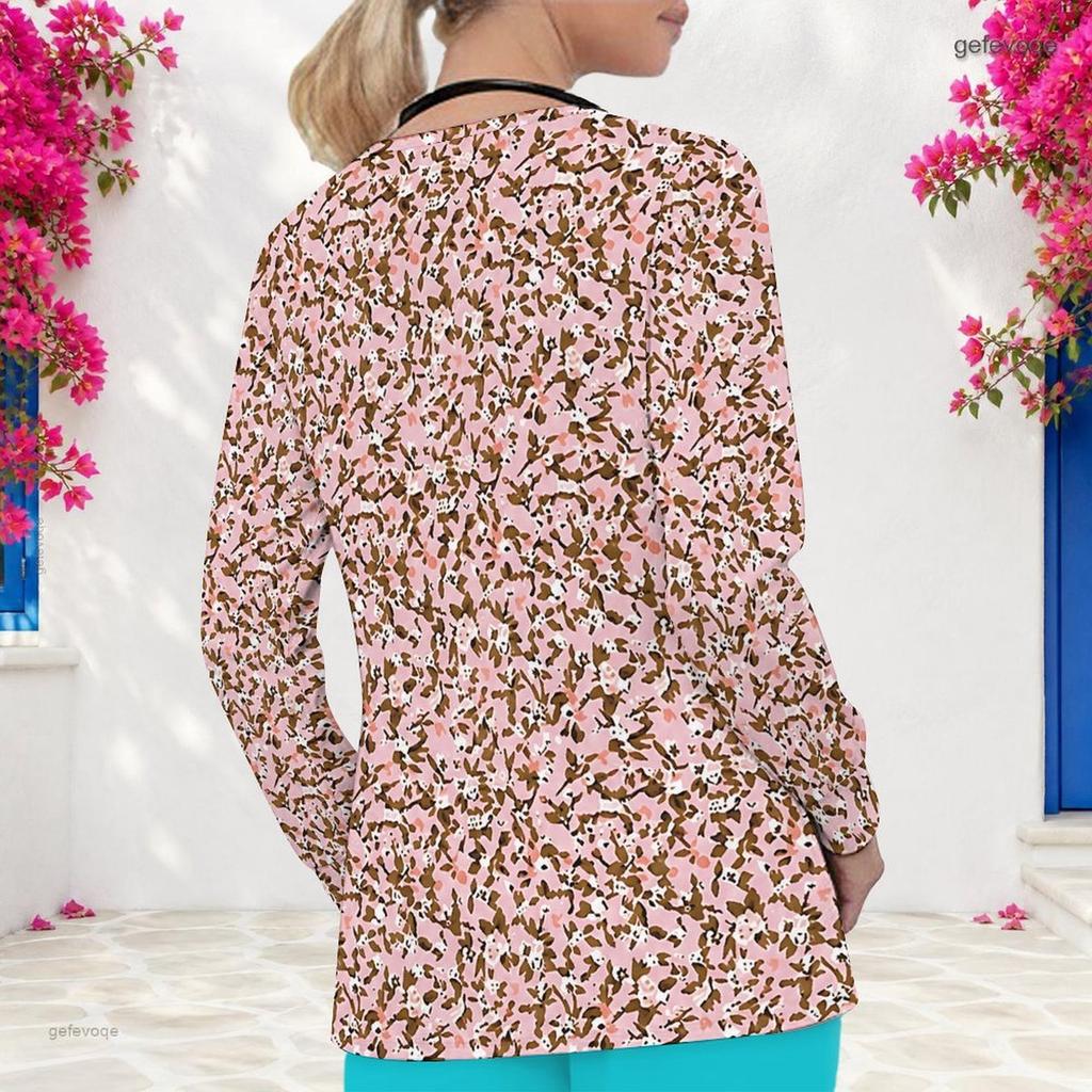 Women Plus Size Long Sleeve Nurse Scrub Top Watercolor Floral Print V Neck With Pockets Casual Medical Workwear For Healthcare Staff