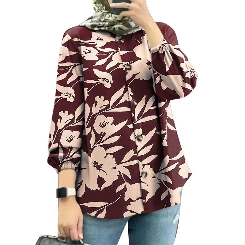 Plus Size Women's New Fashion Puffed Sleeve Floral Shirt