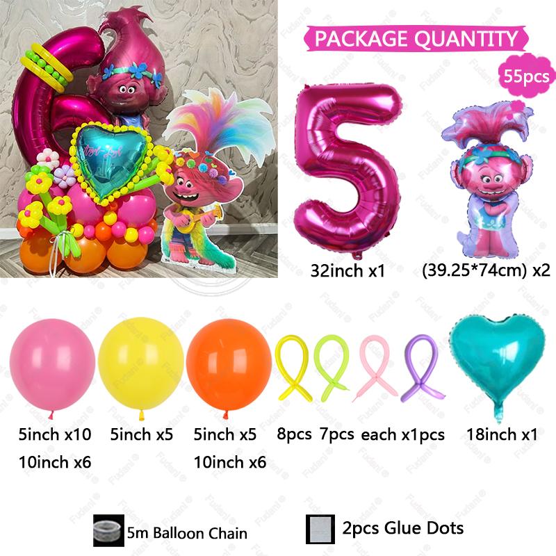55pcs Troll Foil Helium Balloons Kit Birthday Magic Hair Theme Party Decorat Baby Shower Kids Toys Supplies Air Globlos Balloon