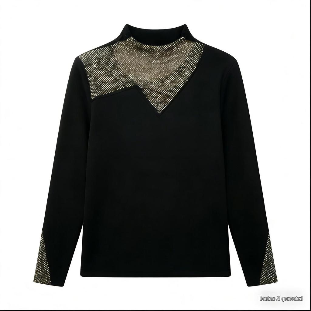 Autumn/Winter Rhinestone Long-Sleeve Top: Age-Reducing, Warm, Half-High Collar Fleece Base Layer Shirt