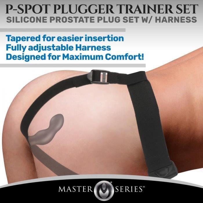 Ensemble prostatique avec harnais - Master Series - P-Spot Plugger - Silicone noir - Conception anatomique