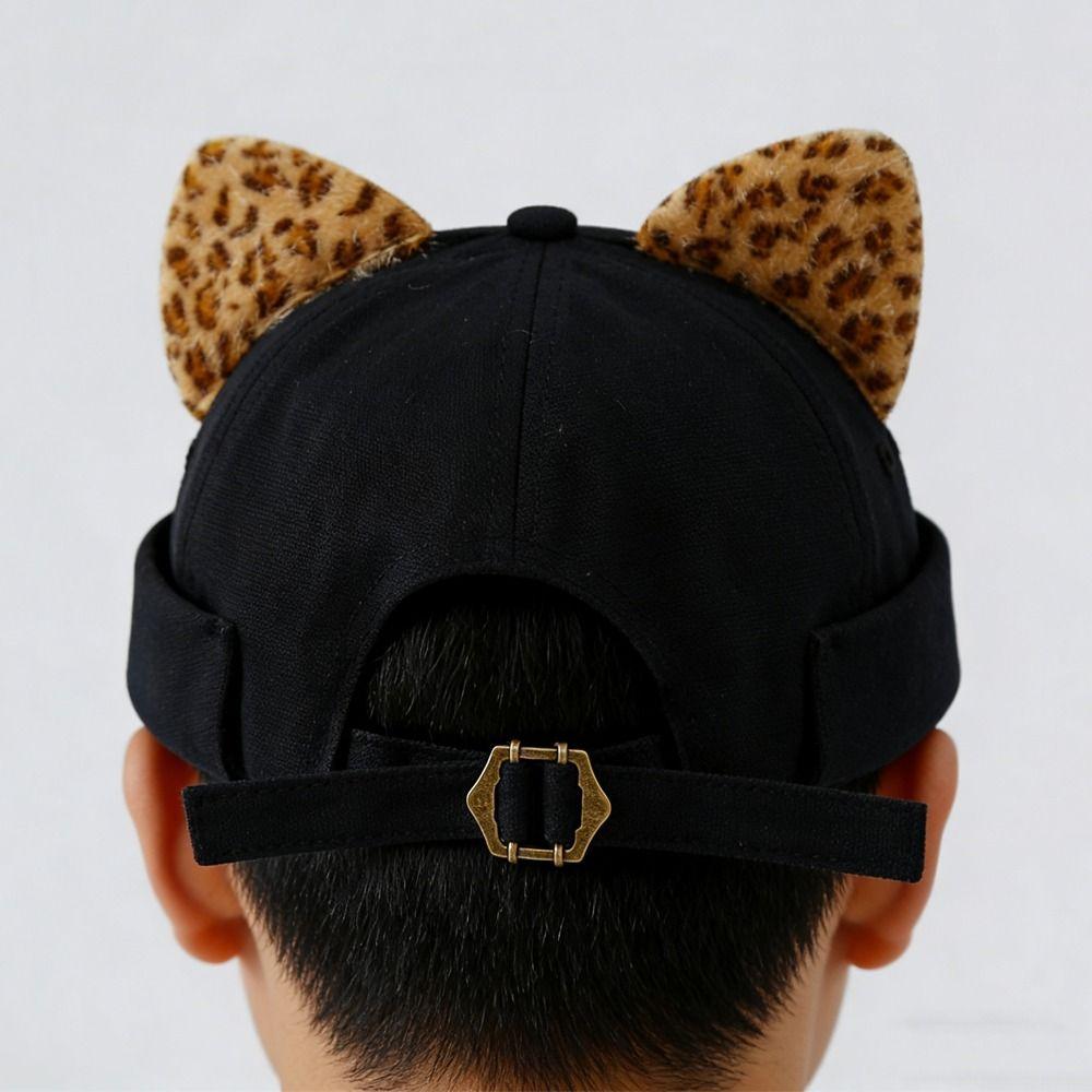 Leopard Print Cat Ears Brimless Hat Rolled Cuff Cat-eared Hat Hip Hop Retro Skullcap  Unisex