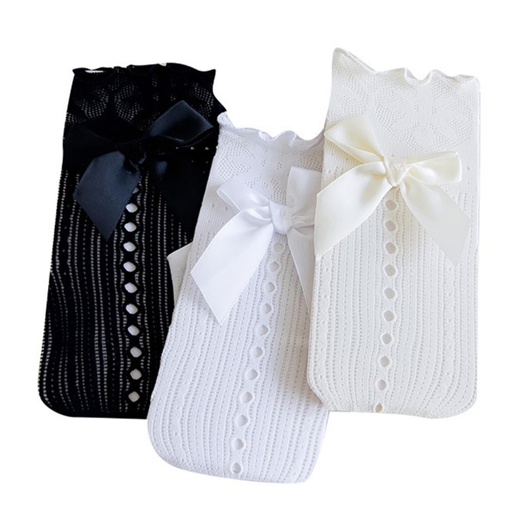 Girls Knee Length Socks With Lace Ruffled Bowknot Embellishments Breathable Nylon Blend Daily Comfort Wear Stockings