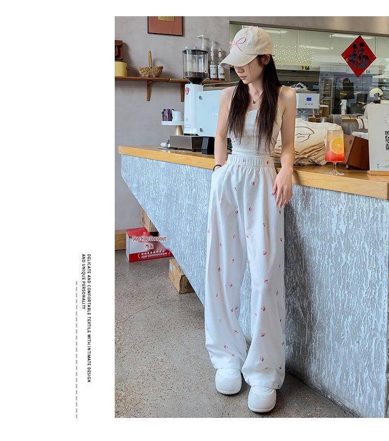 White Floral Yamamoto Women's Slim Straight Wide-Leg Bow Pants - 2025 Summer Collection.