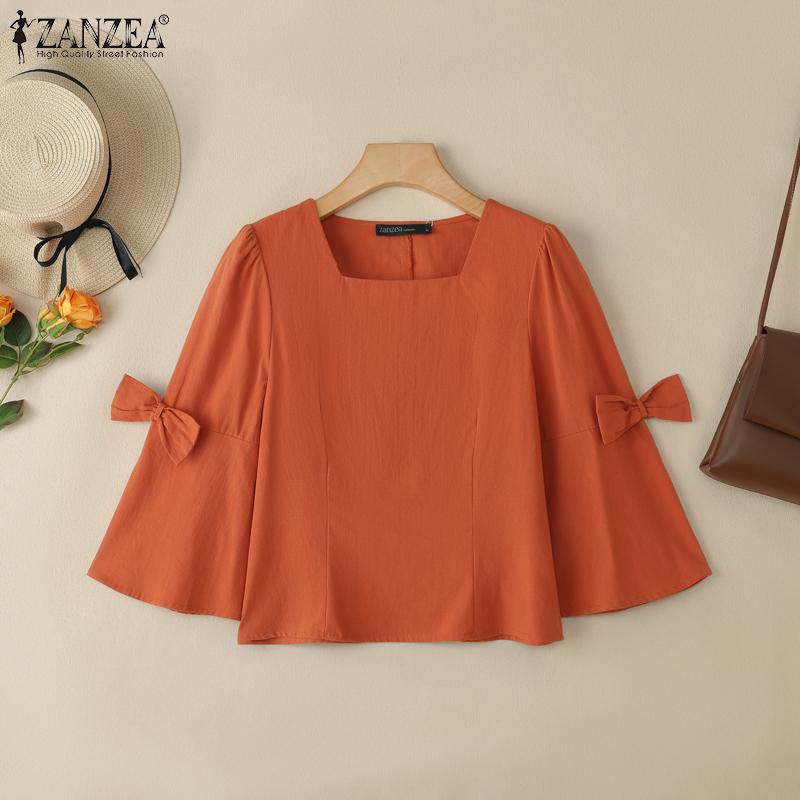 ZANZEA Women Casual Sqaure Collar Loose 3/4 Sleeve Cotton Blouse
