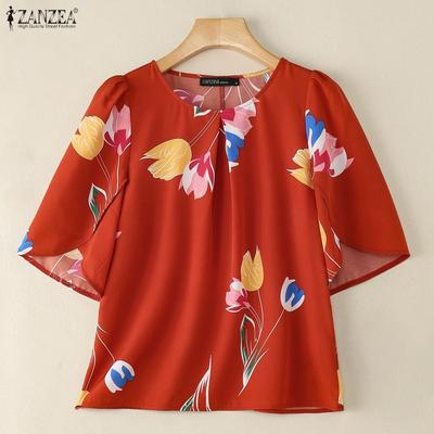 Women Casual Round Neck Loose Print Half Sleeve Blouse