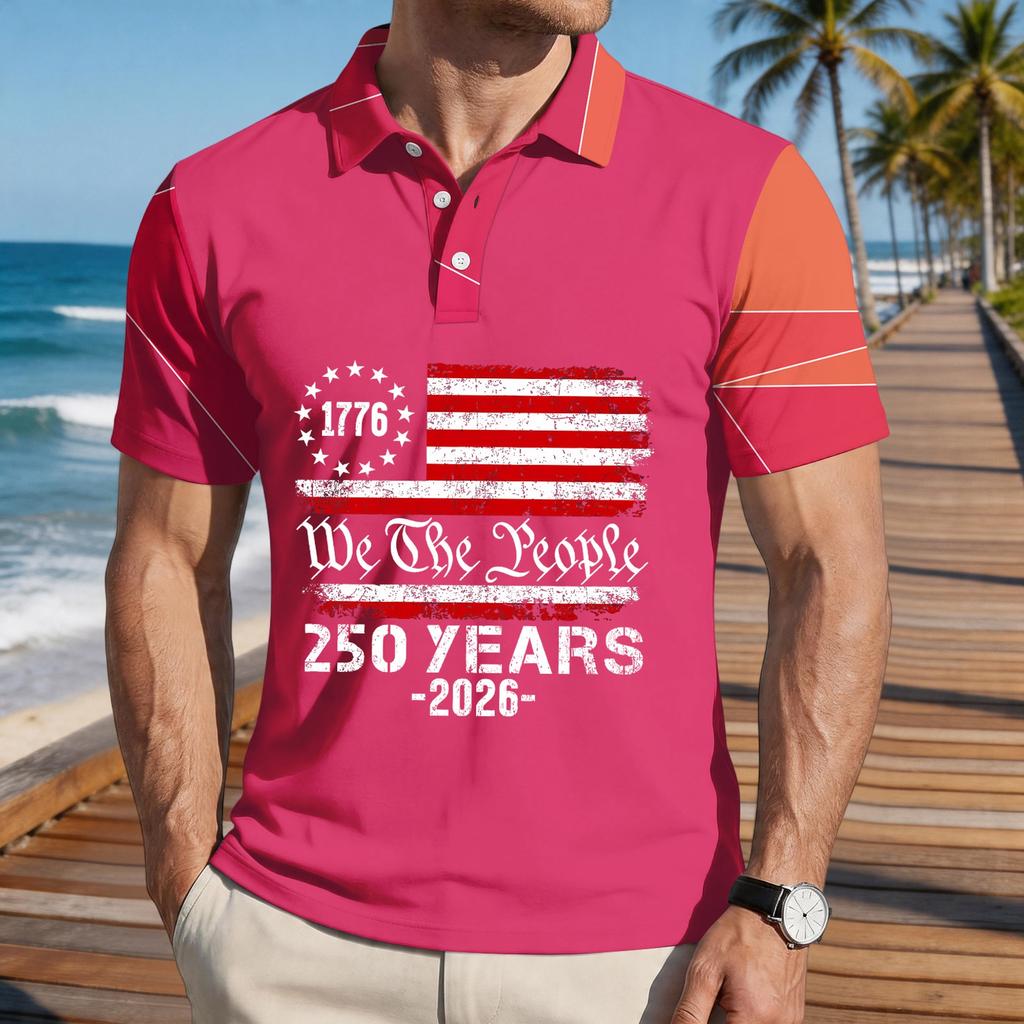 Men's Loose Fit Casual Polo Shirt Short Sleeve Printed Flag Graphic Button Collar Comfortable Summer Top