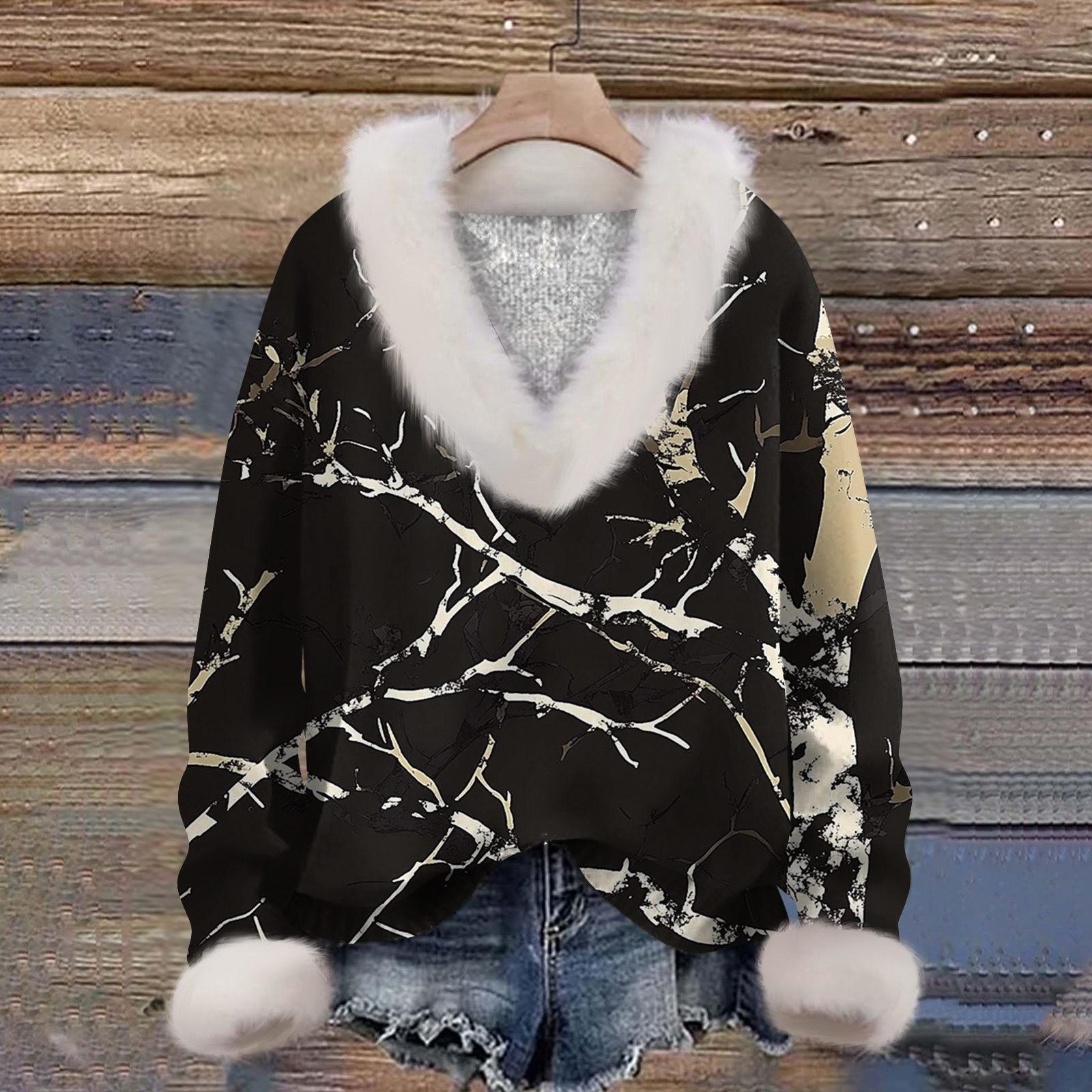 

Women s Sweatshirt Long Sleeve Print Plush Collar V-Neck Pullover Top XL чёрный