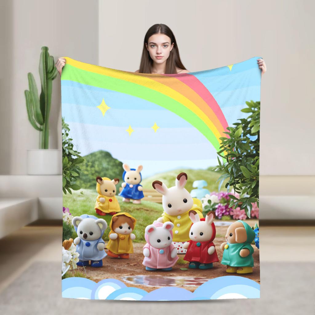 Cute Sylvanian Families Soft Warm Blankets Camping Plush Throw Blanket Funny Bedroom Flannel Bedspread Sofa Bed Cover